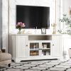 U-Can TV Stand for TV up to 65in with 2 Tempered Glass Doors Adjustable Panels Open Style Cabinet, Sideboard for Living room, White - as pic