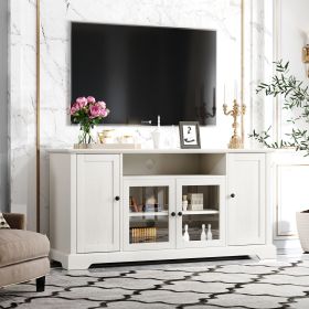 U-Can TV Stand for TV up to 65in with 2 Tempered Glass Doors Adjustable Panels Open Style Cabinet, Sideboard for Living room, White - as pic