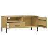 TV Stand with Metal Legs Brown Solid Wood Pine OSLO - Brown