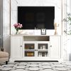 U-Can TV Stand for TV up to 65in with 2 Tempered Glass Doors Adjustable Panels Open Style Cabinet, Sideboard for Living room, White - as pic